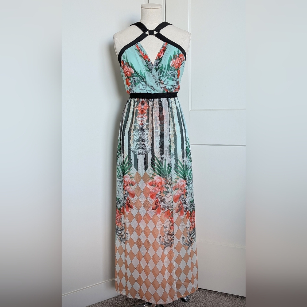 NWT Wow Couture Floral Stripe Maxi Summer Dress in Mint and Coral Small
